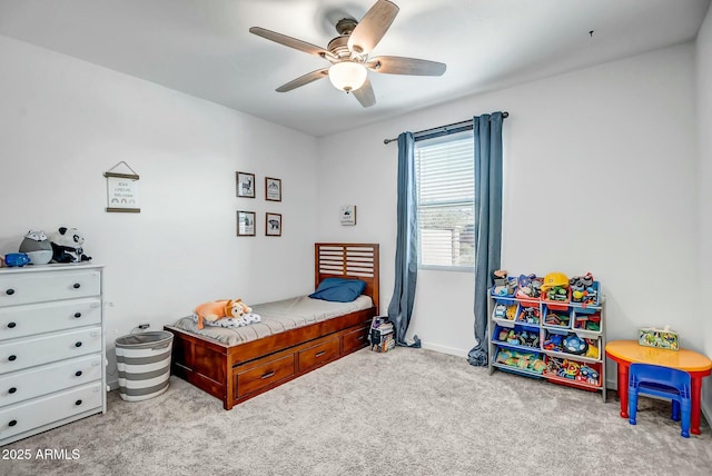 bedroom with light colored carpet and ceiling fan