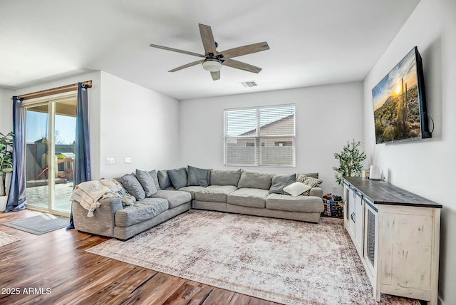 living room with ceiling fan and wood-type flooring