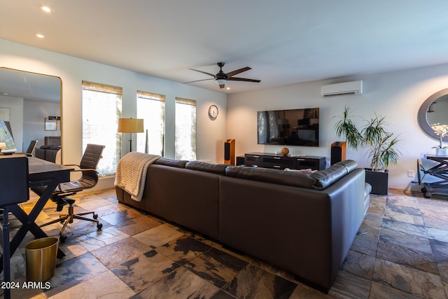 living room with ceiling fan and a wall unit AC