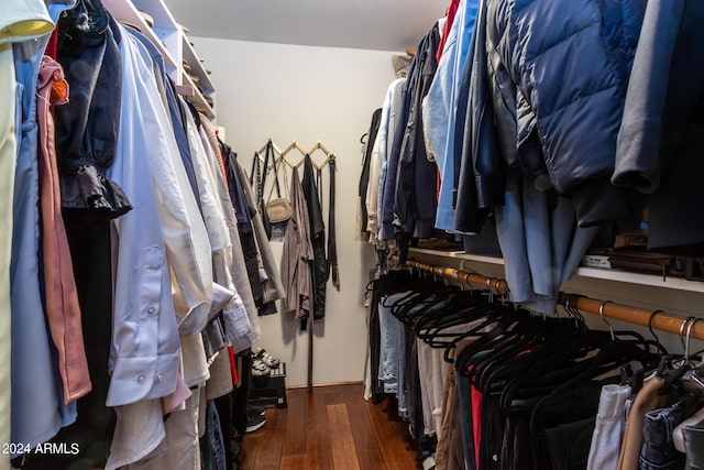 walk in closet with dark hardwood / wood-style floors