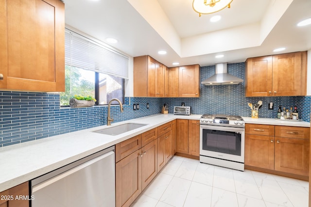 kitchen featuring tasteful backsplash, a raised ceiling, sink, appliances with stainless steel finishes, and wall chimney exhaust hood