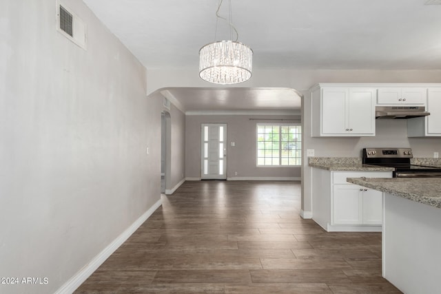 kitchen featuring white cabinetry, dark wood-type flooring, stainless steel electric stove, light stone countertops, and pendant lighting