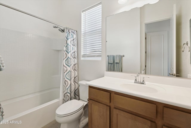 full bathroom featuring toilet, vanity, and shower / tub combo