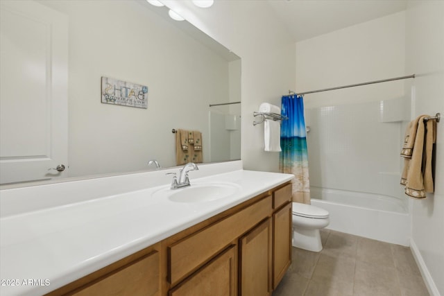 full bathroom featuring toilet, vanity, shower / tub combo, and tile patterned flooring