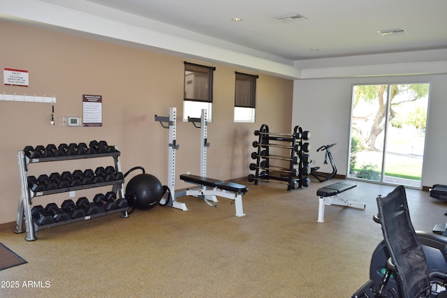 workout area with visible vents