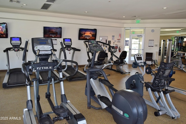 gym with recessed lighting and visible vents