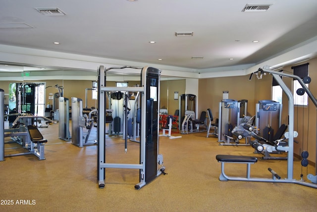 gym featuring visible vents and recessed lighting