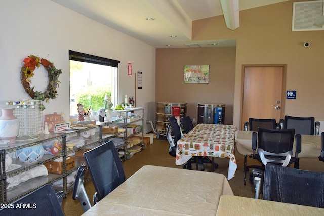 carpeted dining space featuring visible vents and recessed lighting