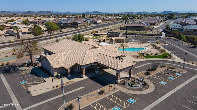 aerial view featuring a residential view and a mountain view