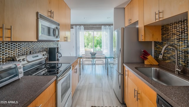 kitchen featuring stainless steel appliances, a toaster, a sink, and decorative backsplash