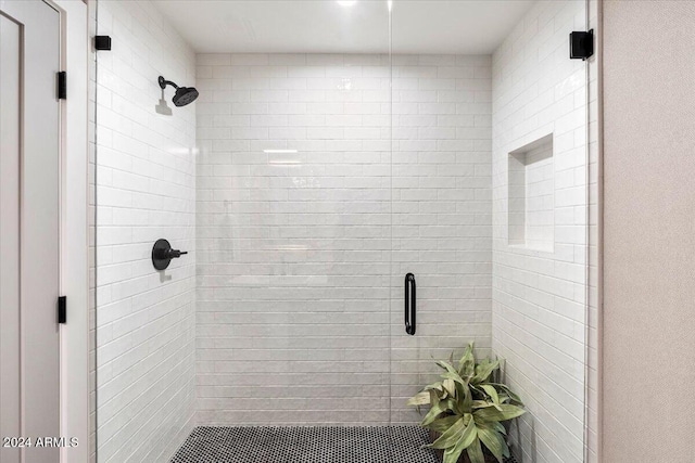 bathroom featuring a shower with shower door