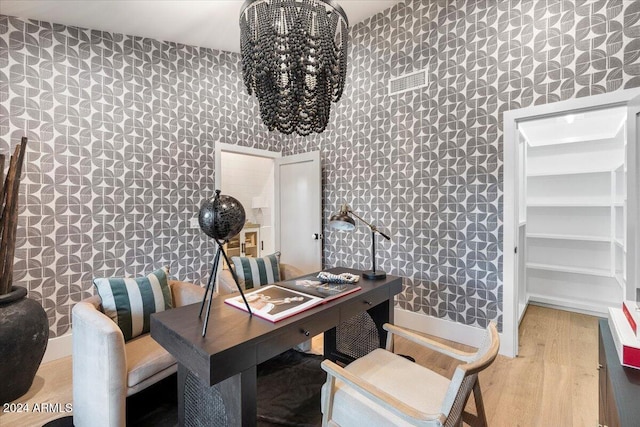 office space featuring wood-type flooring and tile walls