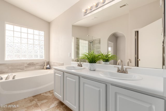 bathroom with a healthy amount of sunlight, a sink, and a stall shower
