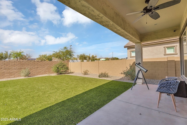 8140 E June St, Mesa, AZ 85207 - view of yard featuring a fenced backyard, a ceiling fan, and a patio