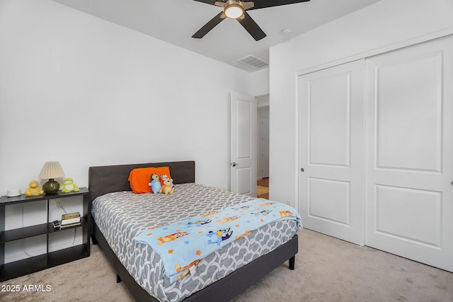 8140 E June St, Mesa, AZ 85207 - bedroom featuring a closet, visible vents, carpet flooring, and ceiling fan