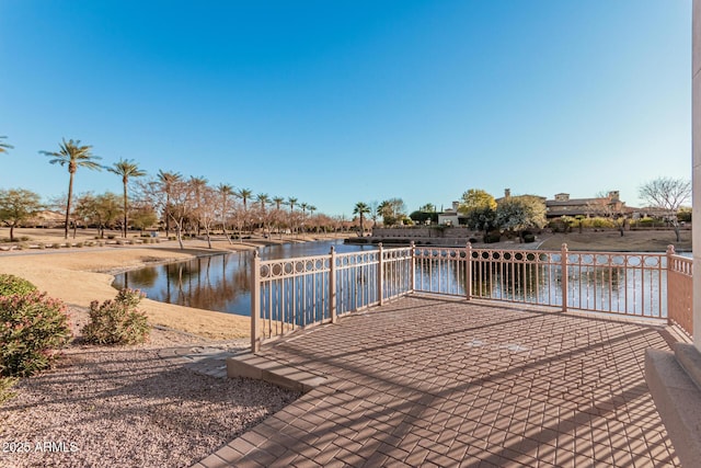 view of dock with a water view