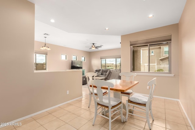 dining area with light tile patterned flooring, recessed lighting, baseboards, and ceiling fan