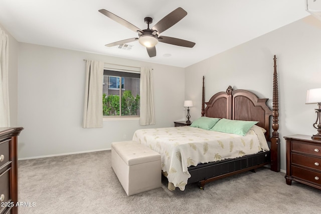 bedroom featuring visible vents, carpet flooring, baseboards, and ceiling fan