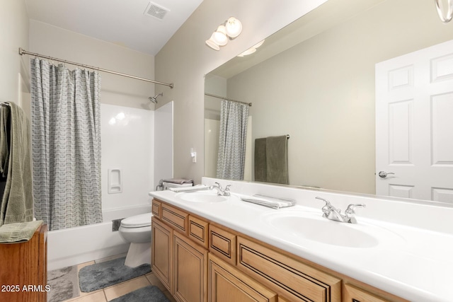 full bathroom with tile patterned flooring, visible vents, shower / bath combination with curtain, and a sink