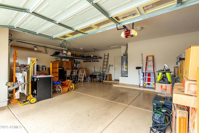 garage featuring a garage door opener and water heater