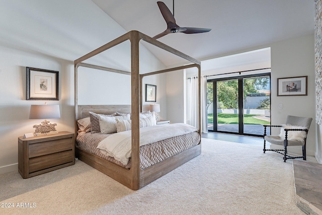 bedroom featuring access to outside, vaulted ceiling, and ceiling fan