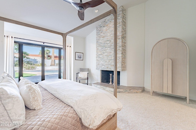 bedroom with carpet floors, access to exterior, a fireplace, high vaulted ceiling, and beamed ceiling