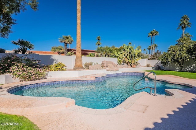 view of swimming pool featuring a fenced backyard, a fenced in pool, and a patio