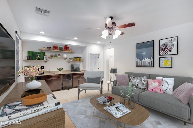 living room with ceiling fan