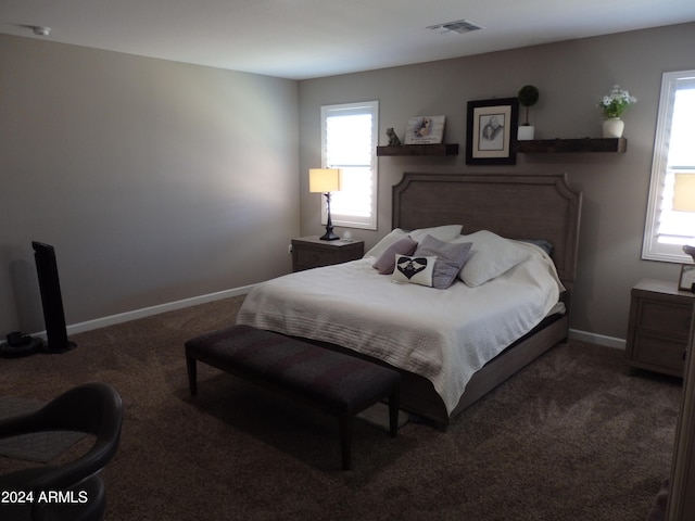 bedroom featuring multiple windows and dark colored carpet