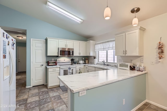 kitchen featuring white cabinetry, sink, kitchen peninsula, decorative light fixtures, and white appliances