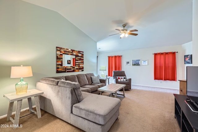 living room featuring light carpet, ceiling fan, and lofted ceiling