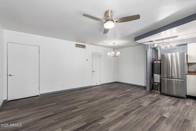 2941 N 19th Ave Unit 95, Phoenix, AZ 85015 - unfurnished living room with a ceiling fan, a chandelier, dark wood-style flooring, and water heater