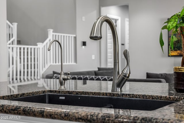details featuring dark stone countertops and a sink