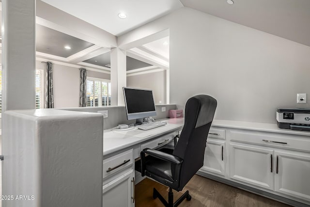 home office featuring beam ceiling, recessed lighting, coffered ceiling, and dark wood-type flooring