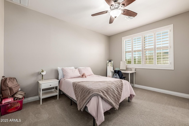 bedroom featuring visible vents, carpet, and baseboards