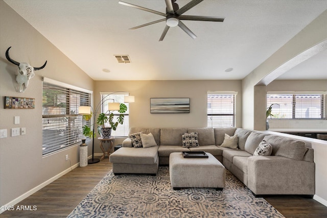 420 S Dodge Dr, Chandler, AZ 85225 - living room with ceiling fan, dark wood-type flooring, healthy amount of natural light, and baseboards