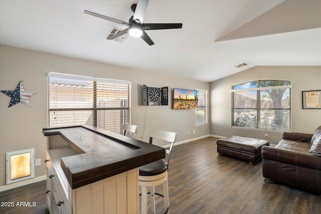 420 S Dodge Dr, Chandler, AZ 85225 - office space with baseboards, lofted ceiling, dark wood finished floors, and ceiling fan
