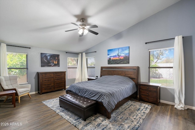 420 S Dodge Dr, Chandler, AZ 85225 - bedroom featuring vaulted ceiling, baseboards, wood finished floors, and a ceiling fan
