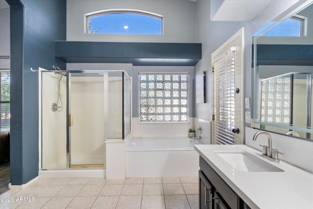 420 S Dodge Dr, Chandler, AZ 85225 - bathroom with a shower stall, tile patterned flooring, a bath, and vanity