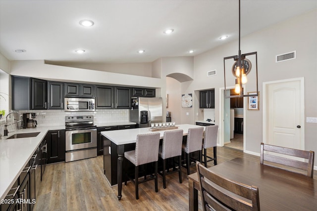 420 S Dodge Dr, Chandler, AZ 85225 - kitchen with appliances with stainless steel finishes, a sink, backsplash, lofted ceiling, and a center island