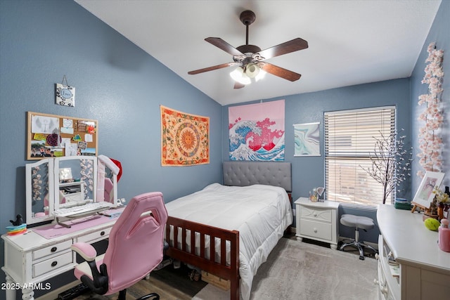 420 S Dodge Dr, Chandler, AZ 85225 - bedroom featuring an office area, vaulted ceiling, a textured wall, and ceiling fan
