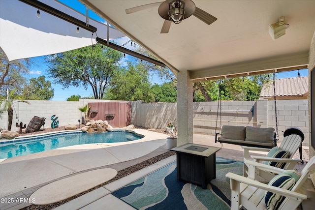 420 S Dodge Dr, Chandler, AZ 85225 - view of pool featuring a patio area, a fenced backyard, ceiling fan, and outdoor lounge area