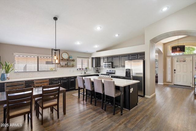 420 S Dodge Dr, Chandler, AZ 85225 - kitchen featuring appliances with stainless steel finishes, arched walkways, backsplash, a kitchen island, and light countertops