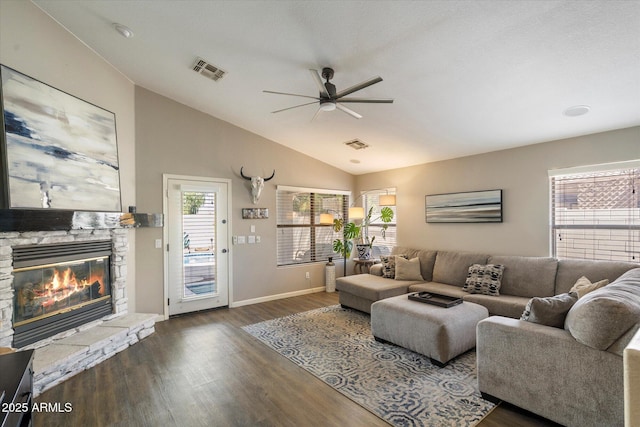 420 S Dodge Dr, Chandler, AZ 85225 - living area with ceiling fan, a fireplace, lofted ceiling, plenty of natural light, and wood finished floors