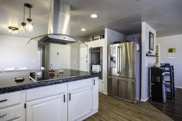 14484 W Jimmie Kerr Blvd, Casa Grande, AZ 85122 - kitchen featuring stainless steel appliances, island range hood, white cabinets, dark wood finished floors, and recessed lighting