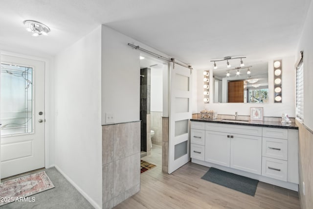 bathroom featuring vanity, wood-type flooring, and toilet