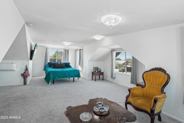 bedroom with multiple windows, a wall mounted air conditioner, light colored carpet, and lofted ceiling