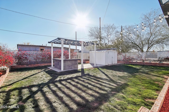 view of yard with a pergola and a storage unit