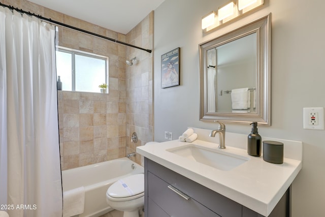 full bathroom featuring vanity, toilet, and shower / bathtub combination with curtain