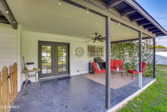 view of patio / terrace featuring ceiling fan and french doors